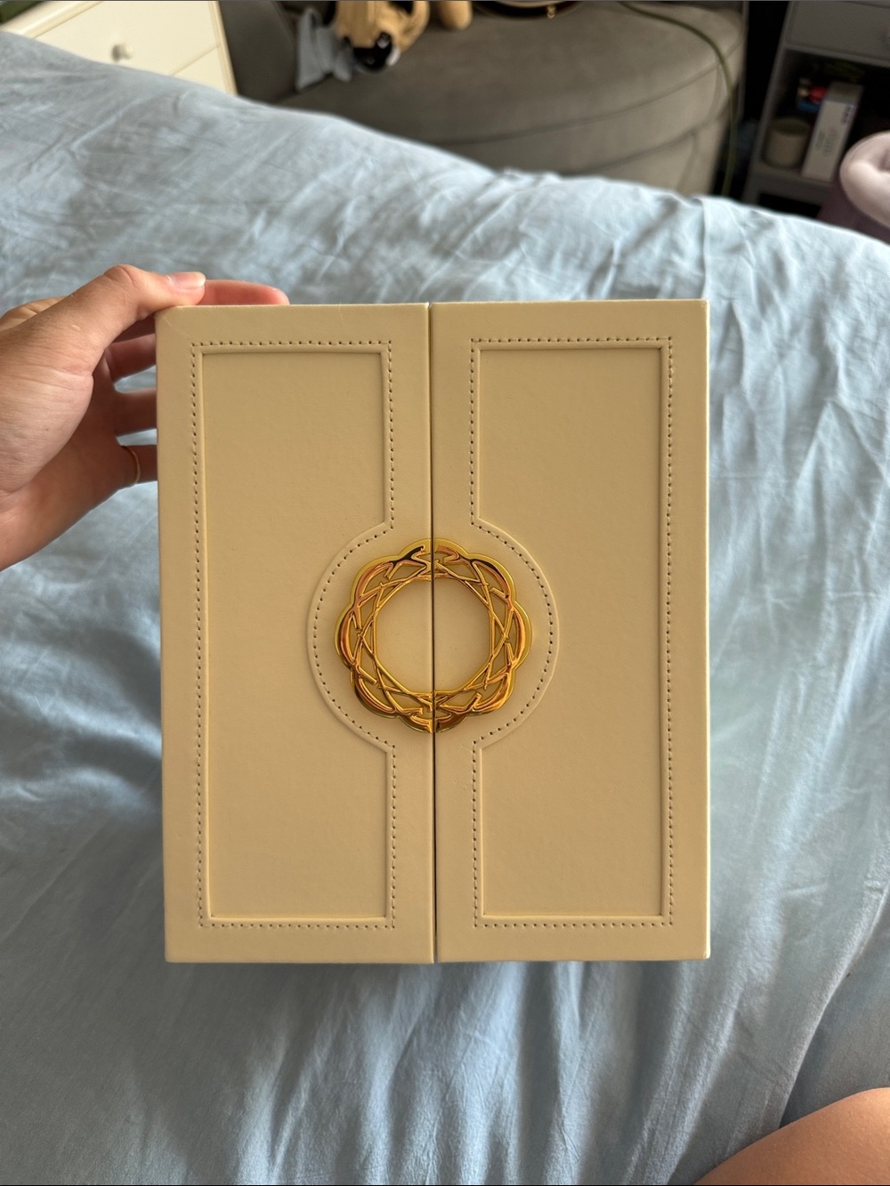 Elegant Cream Decorative Jewelry Box with Gold Accent